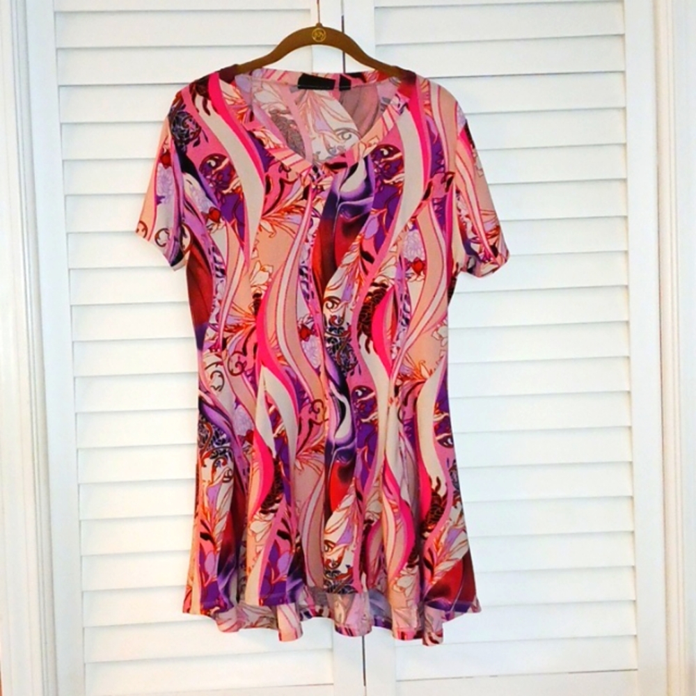 Large Attitudes by Renee Como Jersey Knit Godet Panels In Abstract Pink Pattern